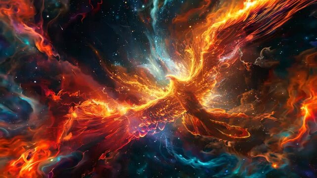 Phoenix rising from the ashes in a cosmic nebula