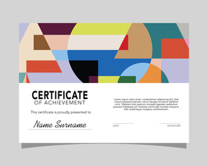 Modern colorful horizontal certificate of appreciation and achievement template with geometric style elements.