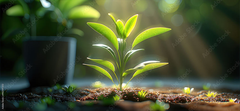 Poster a green plant with a light shining on it. generative ai.