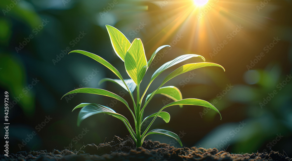 Poster a green plant with a light shining on it. generative ai.