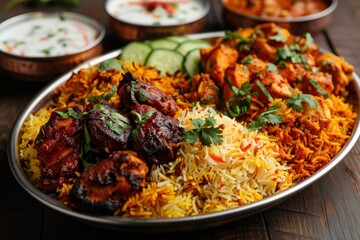 Culinary photography of biryani with chicken and lamb in yellow rice, side dishes, close-up, high resolution.