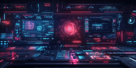 Fototapeta premium Futuristic Control Room Interface with Neon Lights