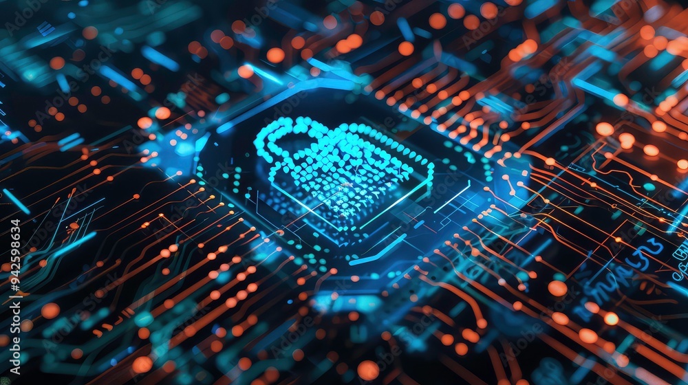 Poster a glowing padlock icon formed by dots on a circuit board, representing digital security.