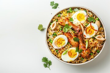 Top view of a large bowl filled with chicken biryani and boiled eggs on white background.