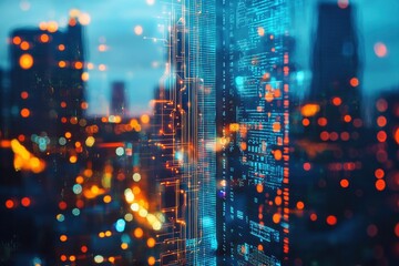 Obraz premium Creative bitcoin circuit hologram on blurry city backdrop. Cyber hologram concept. Double exposure, ai