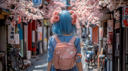 Obraz premium Woman with blue hair and floral crown walks down a street lined with cherry blossoms.