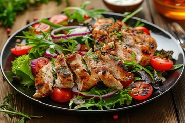 Sliced grilled chicken with salad on a black plate against a wooden background; fresh vegetables and greens arranged beautifully.