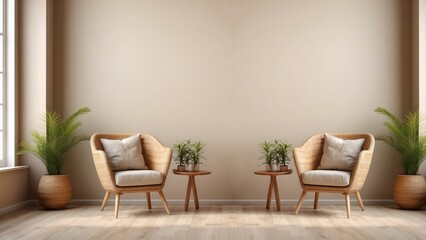 Two Wicker Armchairs with Cushions in a Living Room Setting