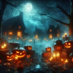 Eerie Halloween Scene with Jack O' Lanterns and Candles in the Misty Night