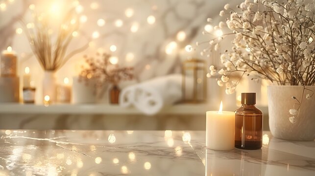 Spa still life, Vase of flowers, marble background wall and candles, towel, textured background with light reflections, marble table, Relaxation, spa day, zen, wallpaper background HD