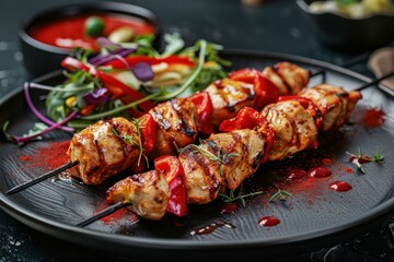 Grilled chicken shish kebab with red peppers on a black plate, perfect for food magazine stock photography.