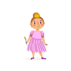 Funny girl in pretty halloween costume. Baby girl dressed as a princess. Vector illustration. Happy and cute carnival kid. Characters design. For stickers, kids design, holiday banners