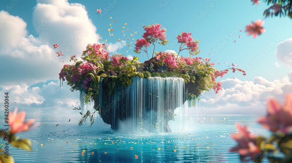 Poster Magical Floating Island, An enchanted floating island with a lush garden, a waterfall cascading into the sky. Generative AI.