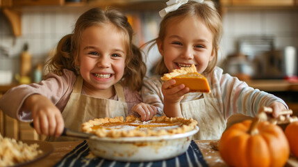 Kids with Pumpkin Pie: Kids helping to bake and enjoy a slice of pumpkin pie as part of a fall cooking class, with warm fall tones, with copy space