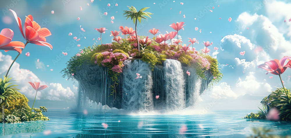 Poster Magical Floating Island, An enchanted floating island with a lush garden, a waterfall cascading into the sky. Generative AI.