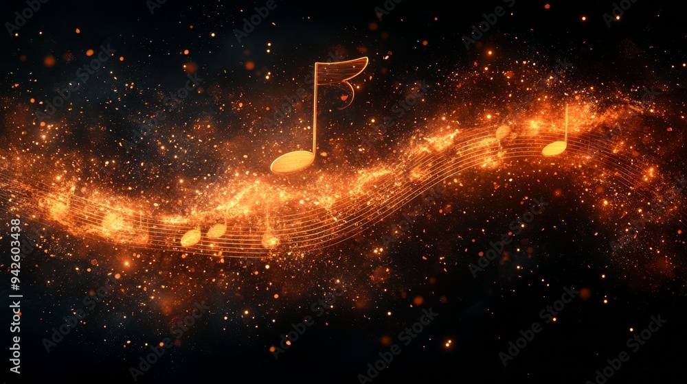 Poster Musical notes floating with light and sound waves on a black background