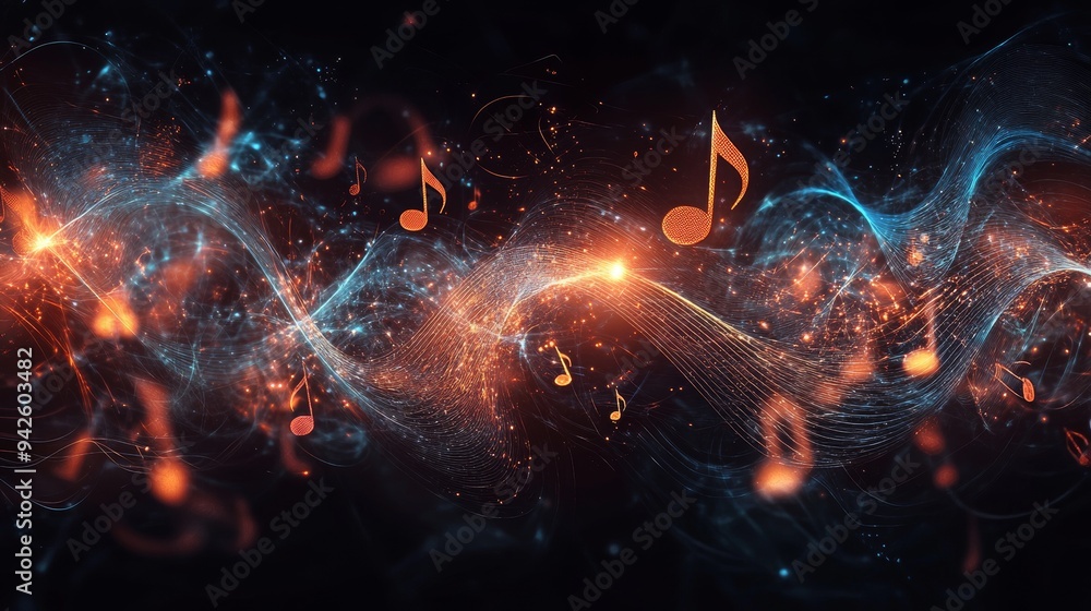 Poster Musical notes floating with light and sound waves on a black background