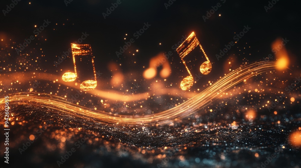 Poster Musical notes floating with light and sound waves on a black background