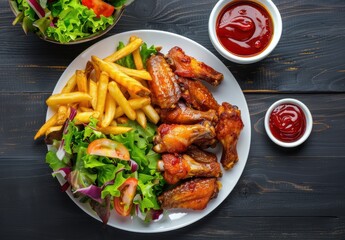 a platter of chicken wings, fries and salad with ketchup on dark wooden table.