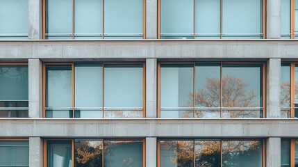 Modern Architecture Reflected, a contemporary building facade featuring sleek glass windows and exposed concrete, reflecting autumn foliage amidst a minimalist design.