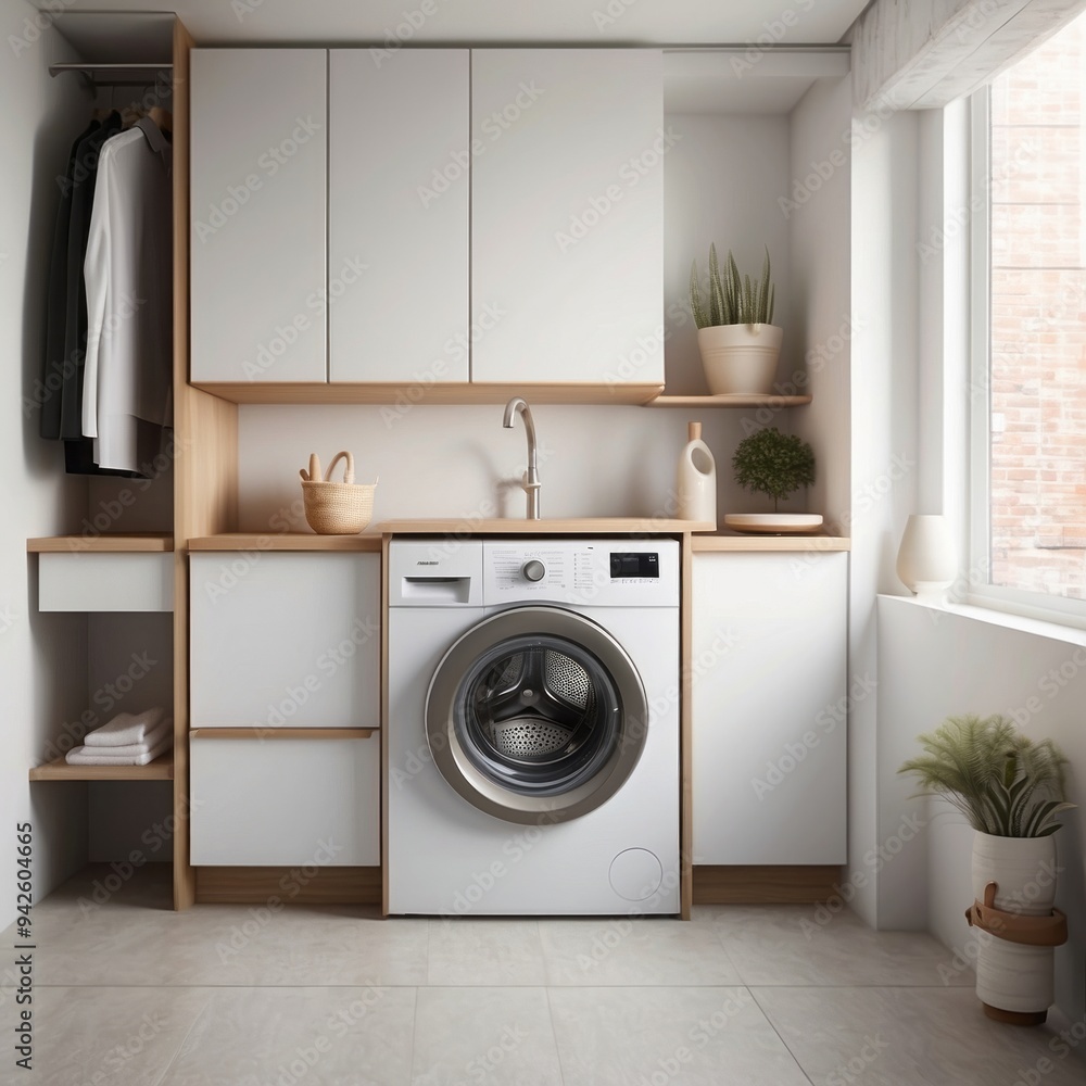 Wall mural Modern Laundry Room with White Cabinets, a Washing Machine, and Plants