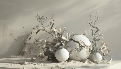 Obraz premium Ethereal Flora with Cracked Sphere, a serene arrangement of delicate white flowers and smooth orbs, set against a soft, sandy backdrop, embodying tranquility and fragility.