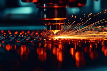Close-up of a laser cutting metal with sparks flying, showcasing precision and advanced technology in manufacturing.