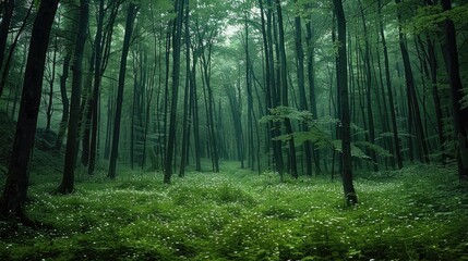 Obraz premium Dark woods, very dense, green. Generative AI.