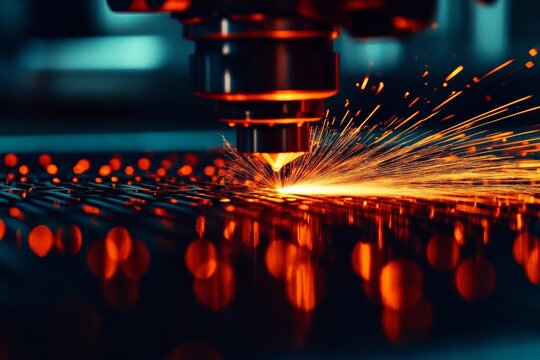Close-up of a laser cutting metal with sparks flying, showcasing precision and advanced technology in manufacturing.