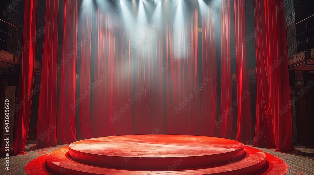 Poster a circular stage in the middle of a sports hall, with red silk and red flags on the stage. generativ