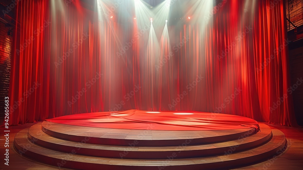 Poster a circular stage in the middle of a sports hall, with red silk and red flags on the stage. generativ