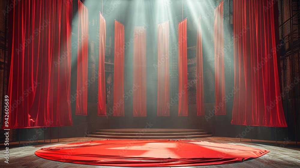 Poster a circular stage in the middle of a sports hall, with red silk and red flags on the stage. generativ