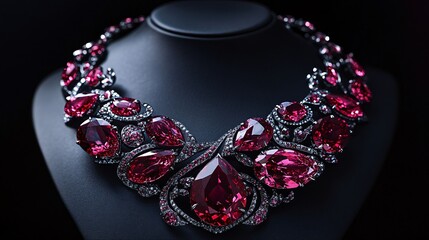 Elegant ruby necklace featuring intricate designs and sparkling gems, perfect for special occasions or fashion photography.