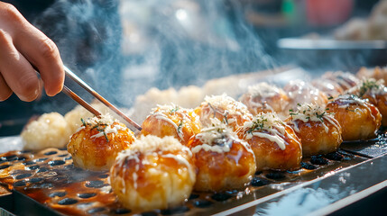 Street Food Festival Style A close-up shot of sizzling takoyaki balls being expertly flipped on a traditional hot plate at a bustling Japanese street food festival