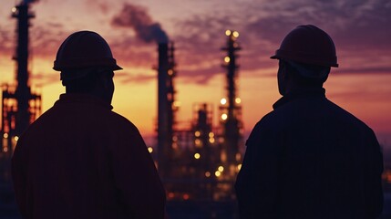 Silhouette of workers observing an industrial landscape at sunset, highlighting teamwork and safety in an oil refinery environment.