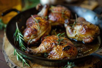 Roasted quail in a pan on a wooden table, close-up, delicious food shot.
