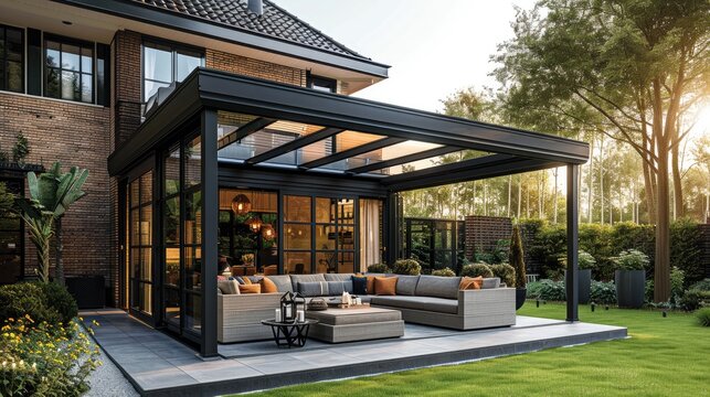 A cozy pergola with open sides and a sleek glass roof is nestled next to a charming house, surrounded by a beautiful garden. The pergola has a warm and inviting atmosphere. Generative AI.