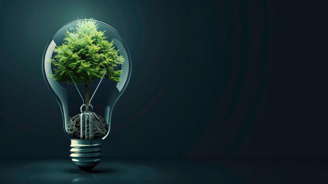 A green tree grows inside a light bulb on a dark background.