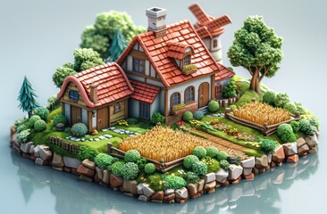 Obraz premium 3D isometric farm game icon design with a barn and farmhouse