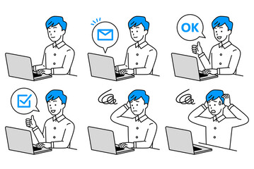 ノートパソコンで仕事をしているカジュアルな男性　セット