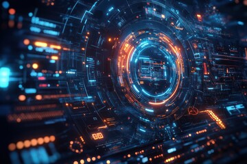 Obraz premium Abstract Digital Interface with Glowing Neon Circles and Lines