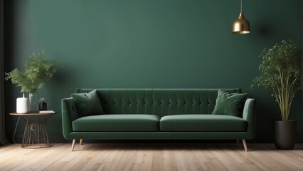 Obraz premium Green Velvet Sofa in a Modern Living Room with Wooden Floor
