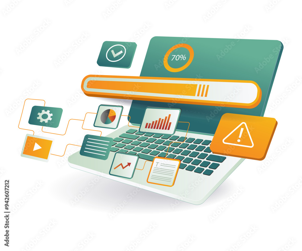 Poster a laptop displaying a search icon and various icons on the screen