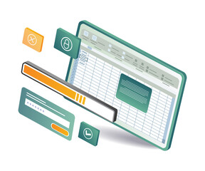 A laptop displaying an xls dashboard with a spreadsheet and various icons