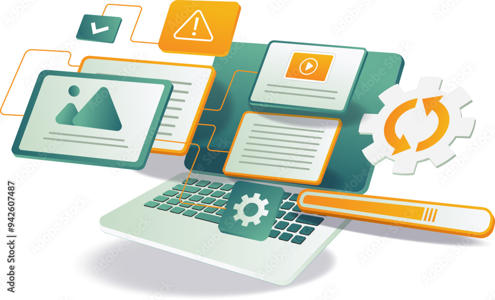 Poster a laptop displaying various icons and items on the screen