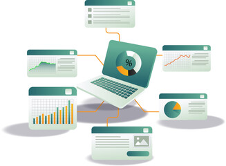 A laptop displaying various graphs and charts, representing data analysis and statistics