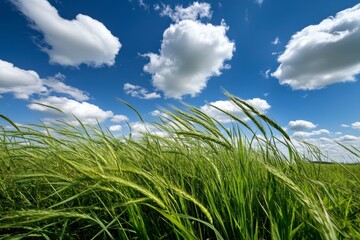Windy Field, Tall grass swaying under a bright blue sky with fluffy clouds, Peaceful and breezy landscape.