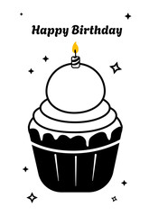 happy birthday design with candle, black and white tarts