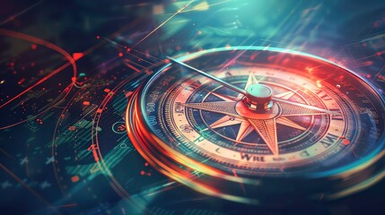 A close-up of a compass with a gold needle pointing north, surrounded by a digital overlay of lines and glowing orbs, suggesting navigation and direction in a digital world.