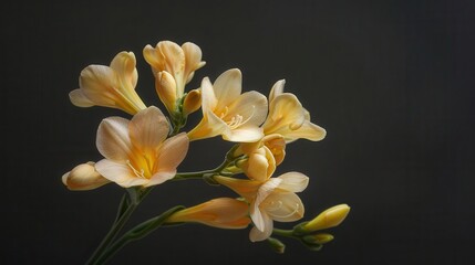 Obraz premium Delicate yellow freesias bloom gracefully, their soft petals revealing intricate textures, creating a serene focal point against a dark backdrop.